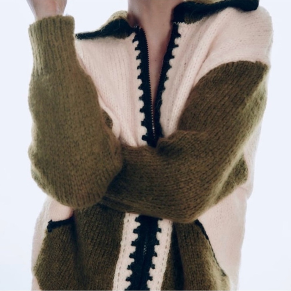 NWT Zara Chunky Soft Colorblock Full Zip Cardigan Patchwork Pockets Size XL - Picture 3 of 12